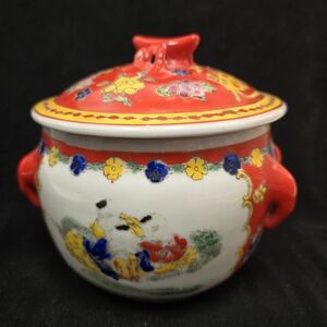 Vintage Chinese Sewing Pot with Lid – Red Base